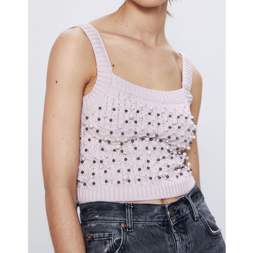 Zara Knitwear Top with Faux Pearls